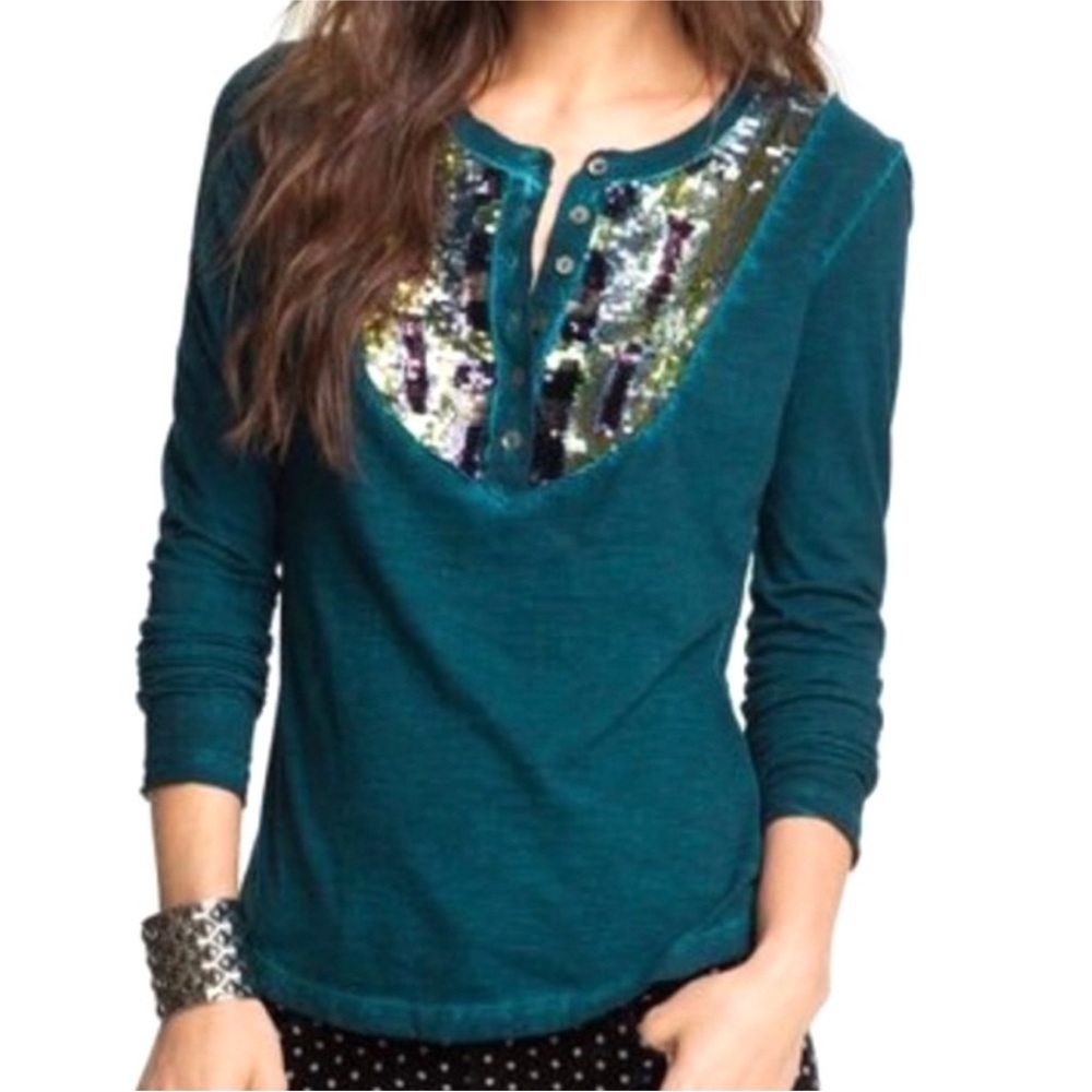 Free People Tiger Eyes Sequin Henley Top, Size S